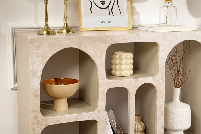 Hanah Home Consola Liva 120 - Mueble de Entrada o Salón con Puertas, 120x74x37 cm, color Mármol Travertino y Arenisca